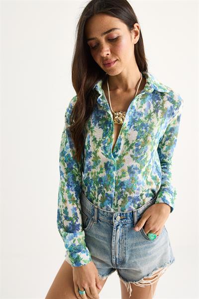 Kadın Desenli Dijital Baskılı Regular Yazlık Örme Gömlek 60282014 - Mavi-Yeşil