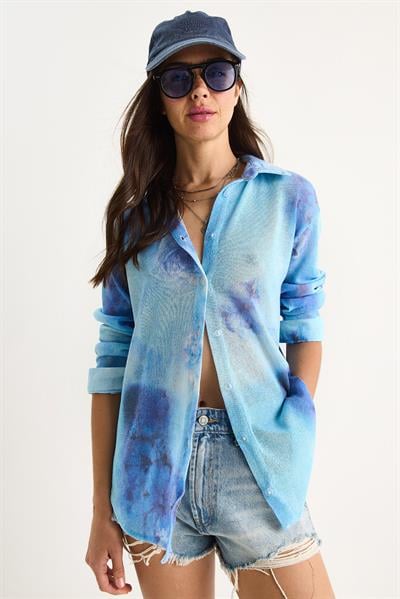 Kadın Desenli Dijital Baskılı Regular Yazlık Örme Gömlek 60282014 - Gök Mavisi