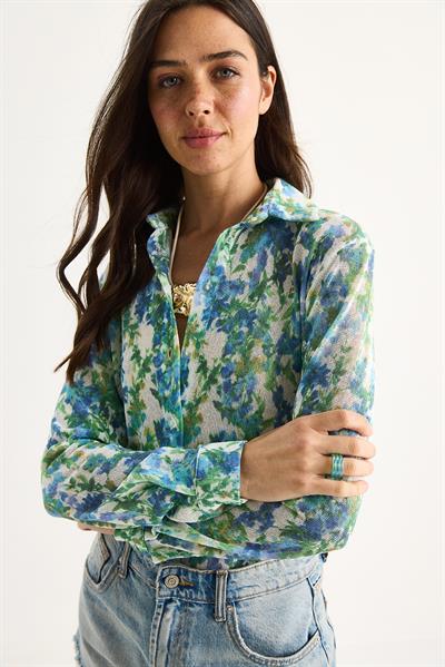 Kadın Desenli Dijital Baskılı Regular Yazlık Örme Gömlek 60282014 - Mavi-Yeşil