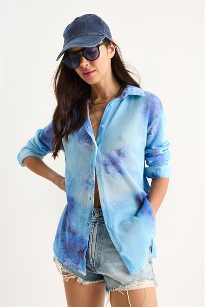 Kadın Desenli Dijital Baskılı Regular Yazlık Örme Gömlek 60282014 - Gök Mavisi