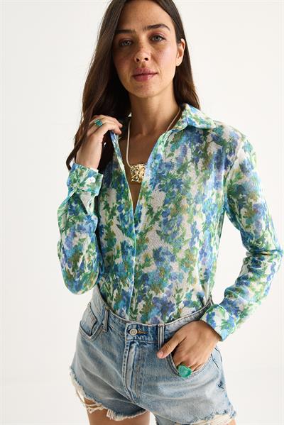 Kadın Desenli Dijital Baskılı Regular Yazlık Örme Gömlek 60282014 - Mavi-Yeşil