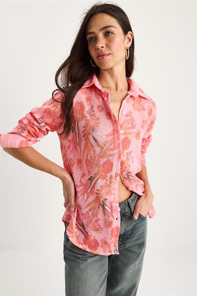 Kadın Desenli Dijital Baskılı Regular Yazlık Örme Gömlek 60282014 - Pembe