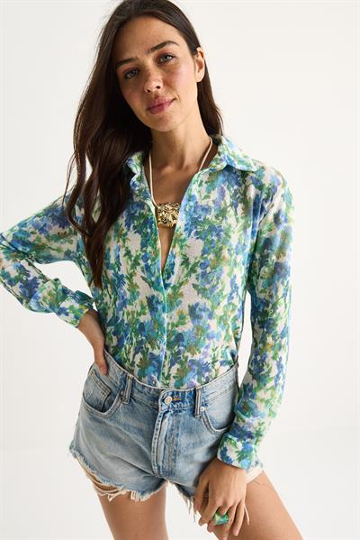 Kadın Desenli Dijital Baskılı Regular Yazlık Örme Gömlek 60282014 - Mavi-Yeşil