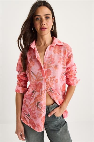 Kadın Desenli Dijital Baskılı Regular Yazlık Örme Gömlek 60282014 - Pembe