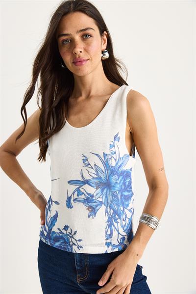 Kadın Desenli Kalın Askılı Dijital Baskılı Regular Yazlık Örme Bluz 60282017 - Beyaz-Mavi