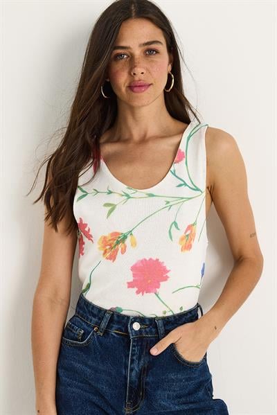 Kadın Desenli Kalın Askılı Dijital Baskılı Regular Yazlık Örme Bluz 60282017 - Beyaz-Pembe