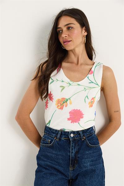 Kadın Desenli Kalın Askılı Dijital Baskılı Regular Yazlık Örme Bluz 60282017 - Beyaz-Pembe