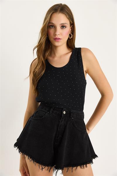 Kadın Desenli Kalın Askılı Dijital Baskılı Regular Yazlık Örme Bluz 60282017 - Siyah