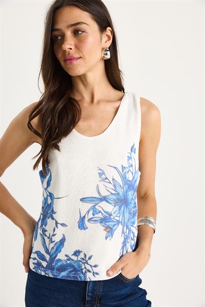Kadın Desenli Kalın Askılı Dijital Baskılı Regular Yazlık Örme Bluz 60282017 - Beyaz-Mavi
