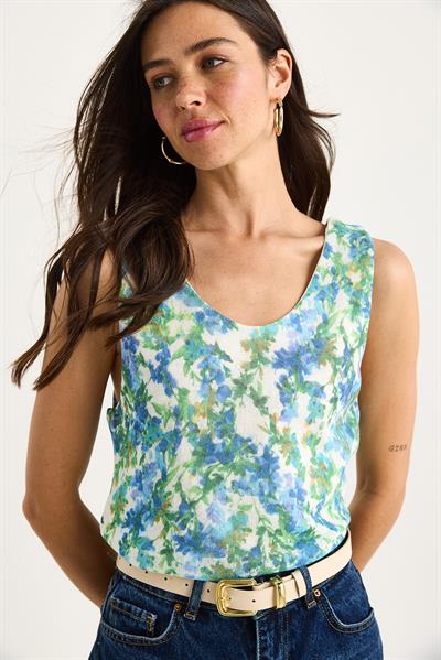 Kadın Desenli Kalın Askılı Dijital Baskılı Regular Yazlık Örme Bluz 60282017 - Mavi-Yeşil