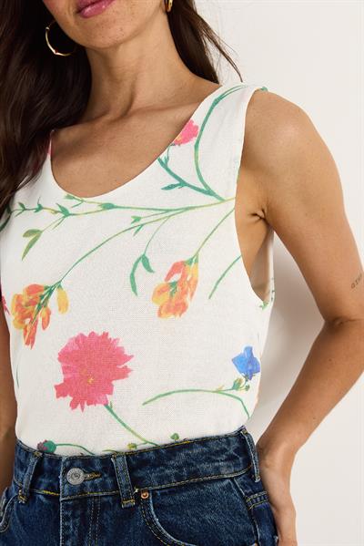 Kadın Desenli Kalın Askılı Dijital Baskılı Regular Yazlık Örme Bluz 60282017 - Beyaz-Pembe