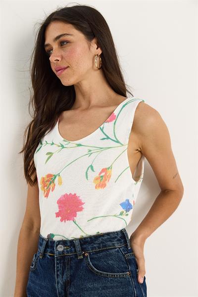 Kadın Desenli Kalın Askılı Dijital Baskılı Regular Yazlık Örme Bluz 60282017 - Beyaz-Pembe