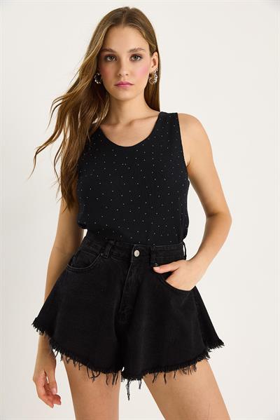 Kadın Desenli Kalın Askılı Dijital Baskılı Regular Yazlık Örme Bluz 60282017 - Siyah