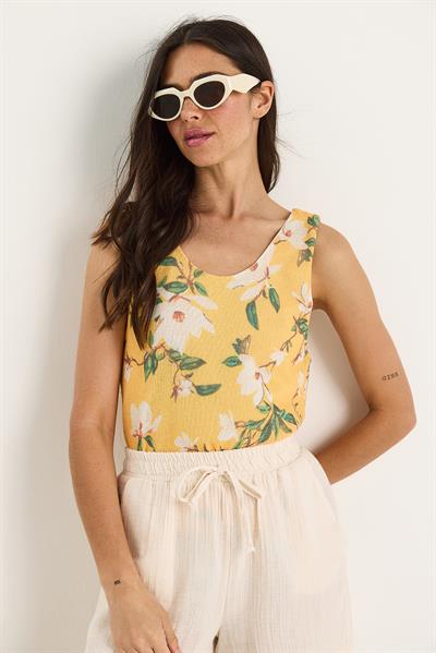 Kadın Desenli Kalın Askılı Dijital Baskılı Regular Yazlık Örme Bluz 60282017 - Sarı