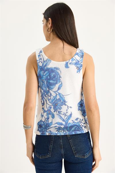 Kadın Desenli Kalın Askılı Dijital Baskılı Regular Yazlık Örme Bluz 60282017 - Beyaz-Mavi