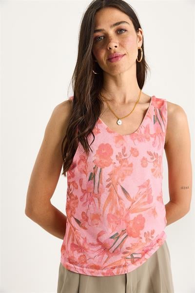 Kadın Desenli Kalın Askılı Dijital Baskılı Regular Yazlık Örme Bluz 60282017 - Pembe