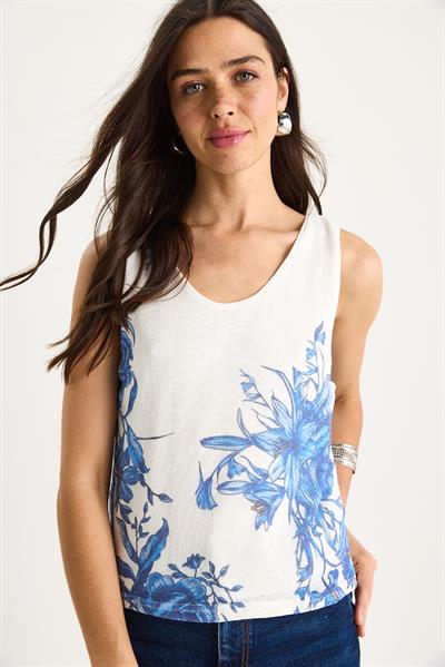 Kadın Desenli Kalın Askılı Dijital Baskılı Regular Yazlık Örme Bluz 60282017 - Beyaz-Mavi