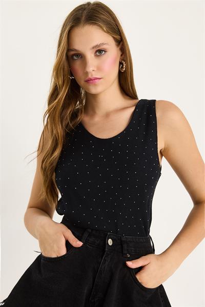 Kadın Desenli Kalın Askılı Dijital Baskılı Regular Yazlık Örme Bluz 60282017 - Siyah