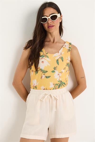 Kadın Desenli Kalın Askılı Dijital Baskılı Regular Yazlık Örme Bluz 60282017 - Sarı