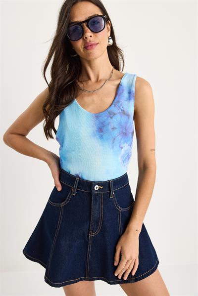 Kadın Desenli Kalın Askılı Dijital Baskılı Regular Yazlık Örme Bluz 60282017 - Gök Mavisi