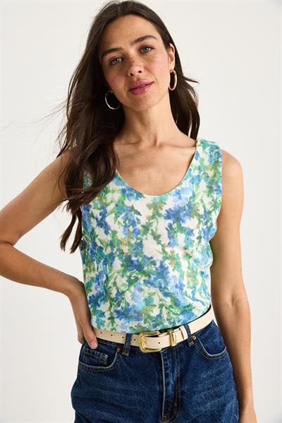 Kadın Desenli Kalın Askılı Dijital Baskılı Regular Yazlık Örme Bluz 60282017 - Mavi-Yeşil