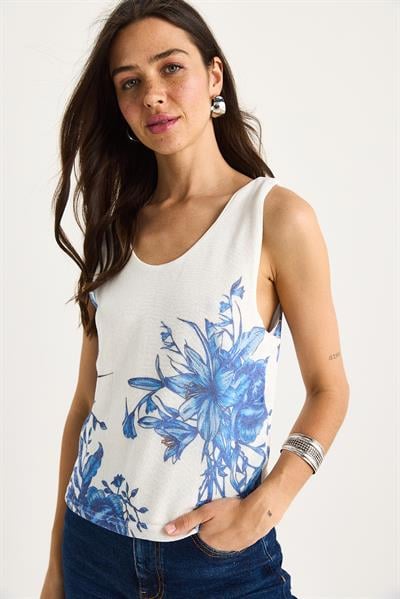 Kadın Desenli Kalın Askılı Dijital Baskılı Regular Yazlık Örme Bluz 60282017 - Beyaz-Mavi