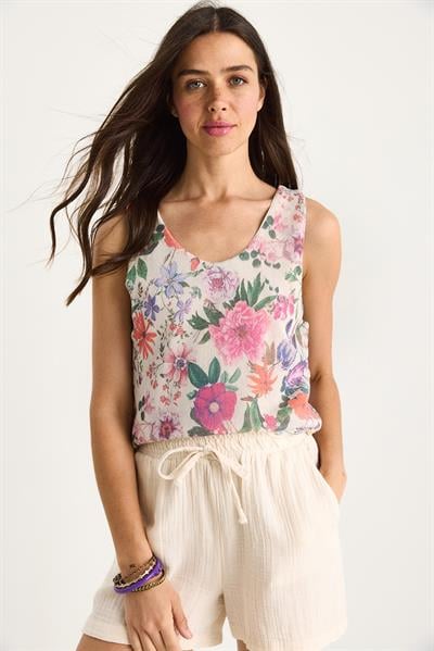 Kadın Desenli Kalın Askılı Dijital Baskılı Regular Yazlık Örme Bluz 60282017 - Bej-Mor