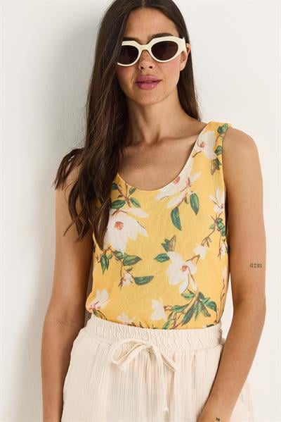 Kadın Desenli Kalın Askılı Dijital Baskılı Regular Yazlık Örme Bluz 60282017 - Sarı