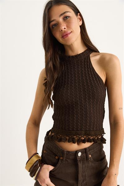 Kadın Desenli Ucu Püsküllü Triko Bluz 20251026 - Acı Kahve