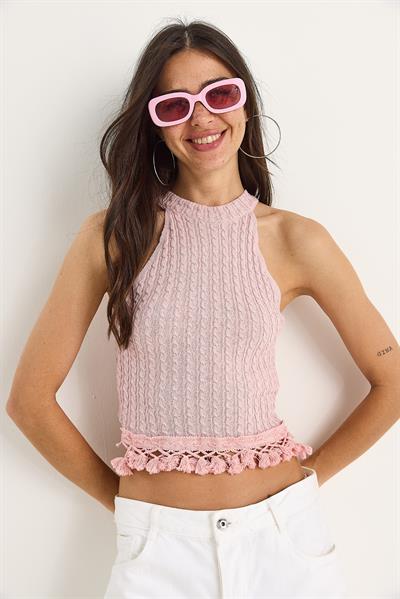 Kadın Desenli Ucu Püsküllü Triko Bluz 20251026 - Toz Pembe