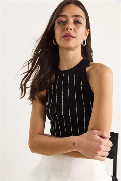 Kadın Diamond Şeritli Basic Crop Bluz 60602063 - Siyah
