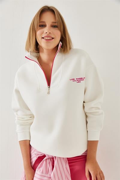 Kadın Dik Yaka Fermuar Detaylı Şardonlu Oversize Sweatshirt 60351177 - Beyaz