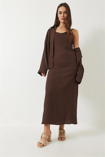 Kadın Dokulu İnce Askılı Elbise Oversize Gömlek 2li Takım 6566 60283015 - Acı Kahve