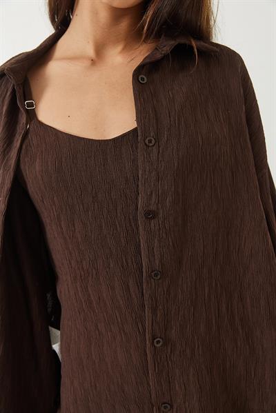 Kadın Dokulu İnce Askılı Elbise Oversize Gömlek 2li Takım 6566 60283015 - Acı Kahve