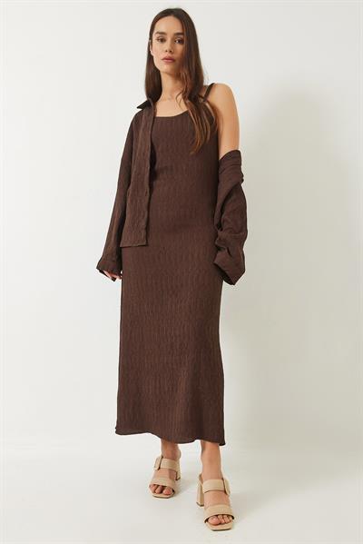 Kadın Dokulu İnce Askılı Elbise Oversize Gömlek 2li Takım 6566 60283015 - Acı Kahve