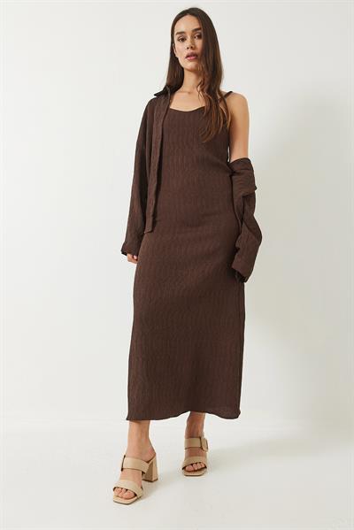 Kadın Dokulu İnce Askılı Elbise Oversize Gömlek 2li Takım 6566 60283015 - Acı Kahve