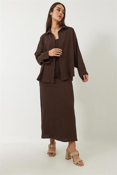 Kadın Dokulu İnce Askılı Elbise Oversize Gömlek 2li Takım 6566 60283015 - Acı Kahve