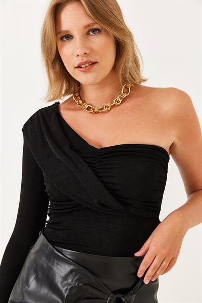 Kadın Drape Detaylı Tek Omuz Buzi Kumaş Bluz 60251848 - Siyah
