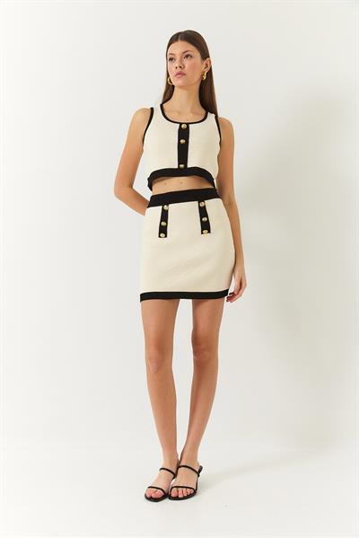 Kadın Düğme Detaylı Askılı Mini Etekli Alt-Üst Takım 20235080 - Krem-Siyah