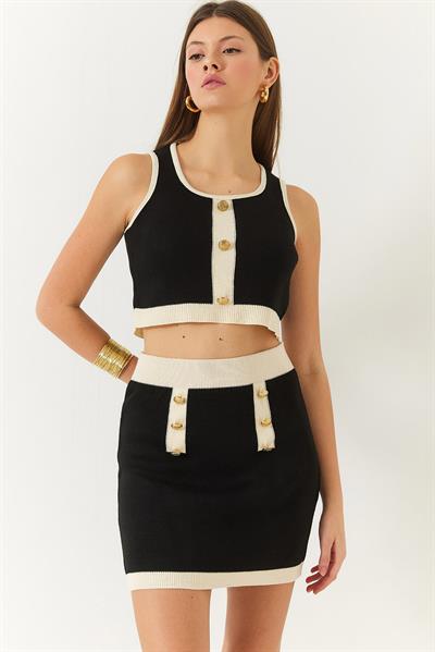 Kadın Düğme Detaylı Askılı Mini Etekli Alt-Üst Takım 20235080 - Siyah-Krem