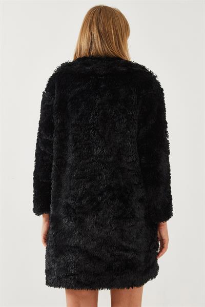 Kadın Düğme Detaylı Peluş Kaban 2480 60351114 - Siyah
