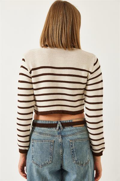 Kadın Düğmeli Çizgili Crop Triko Hırka 60351300 - Bej-Kahverengi