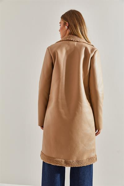 Kadın Düğmeli Deri Kaban 60031035 - Camel