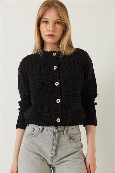 Düğmeli Desenli Triko Hırka 20247545 - Siyah