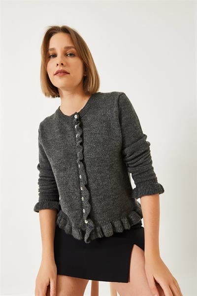 Düğmeli Fırfırlı Triko Hırka 20246946 - Antrasit