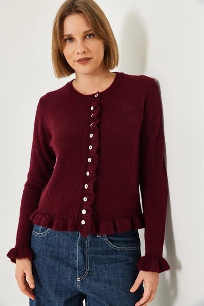 Düğmeli Fırfırlı Triko Hırka 20246946 - Bordo
