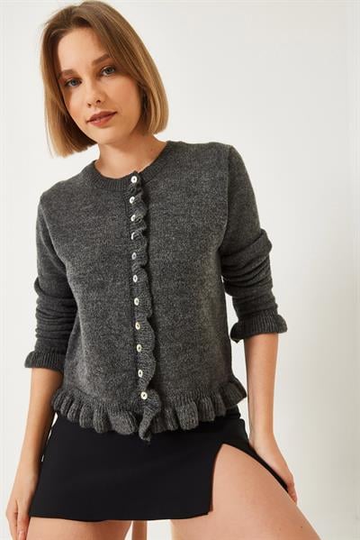 Düğmeli Fırfırlı Triko Hırka 20246946 - Antrasit