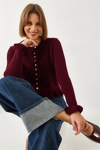 Düğmeli Fırfırlı Triko Hırka 20246946 - Bordo