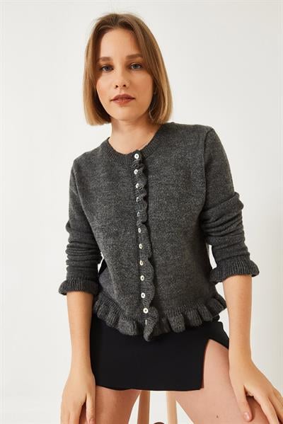 Düğmeli Fırfırlı Triko Hırka 20246946 - Antrasit