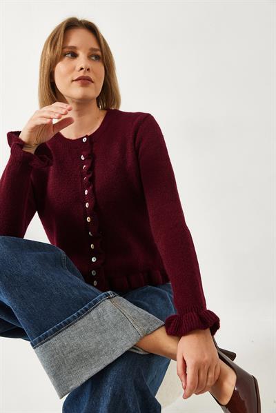 Düğmeli Fırfırlı Triko Hırka 20246946 - Bordo